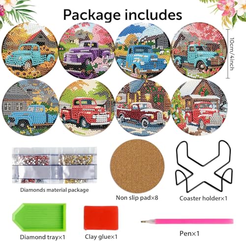mrpwnle Diamond Art Coasters Kits, 8Pcs Diamond Painting Coasters Crafts Kit with Holder, DIY Truck Diamonds Art Non Slip Coaster Crafts Kits for Adults Beginners Gifts - Image 5