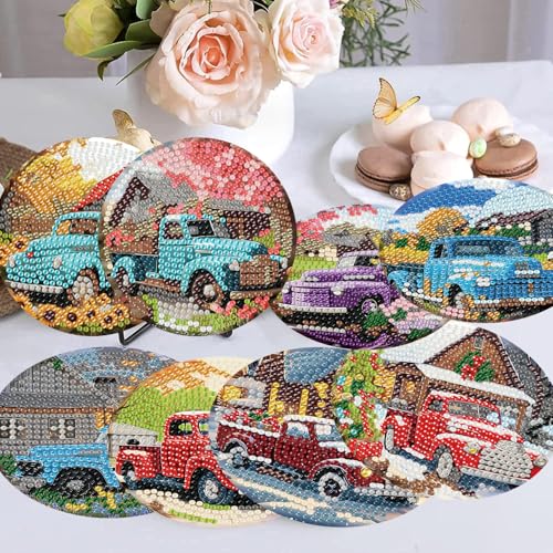mrpwnle Diamond Art Coasters Kits, 8Pcs Diamond Painting Coasters Crafts Kit with Holder, DIY Truck Diamonds Art Non Slip Coaster Crafts Kits for Adults Beginners Gifts - Image 2