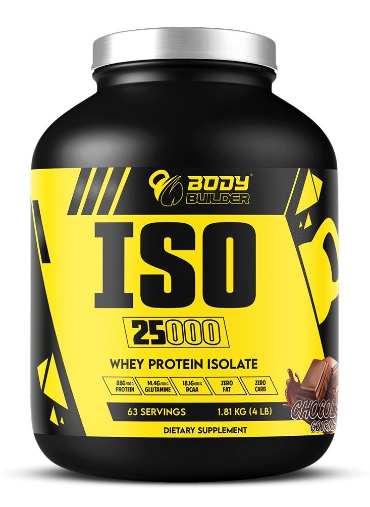 Body Builder Body Builder ISO 25000 - نكهة الشوكولاتة الذواقة - 4 رطل - 84 جم بروتين - تعزيز نمو العضلات وتعافيها - صفر دهون، صفر سكر، صفر كربوهيدرات - بروتين مصل اللبن المعزول الممتاز 