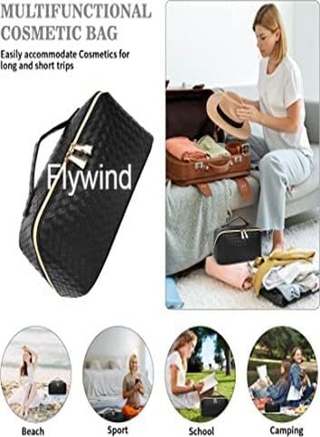 Flywind Makeup Bag,Portable Travel Makeup Bag,PU Leather Cosmetic Bag,Travel Makeup Case Toiletry Bag for Women,Large Opening Design Makeup Organizer Bag for Women and Girls (Black) - Image 3