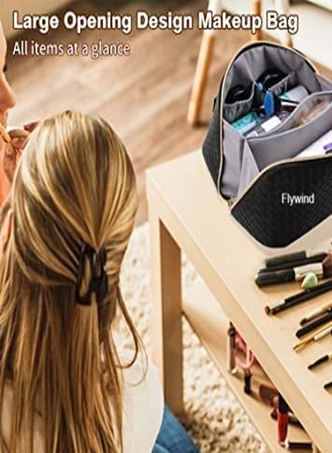 Flywind Makeup Bag,Portable Travel Makeup Bag,PU Leather Cosmetic Bag,Travel Makeup Case Toiletry Bag for Women,Large Opening Design Makeup Organizer Bag for Women and Girls (Black) - Image 4