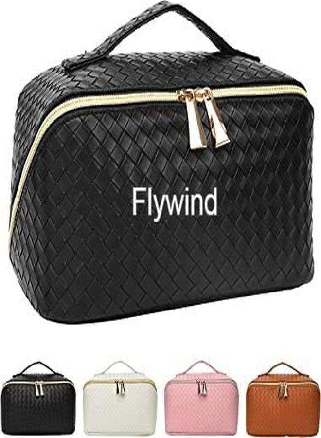 Flywind Makeup Bag,Portable Travel Makeup Bag,PU Leather Cosmetic Bag,Travel Makeup Case Toiletry Bag for Women,Large Opening Design Makeup Organizer Bag for Women and Girls (Black) - Image 1