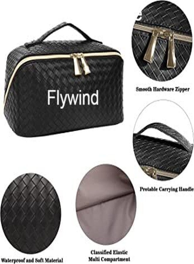 Flywind Makeup Bag,Portable Travel Makeup Bag,PU Leather Cosmetic Bag,Travel Makeup Case Toiletry Bag for Women,Large Opening Design Makeup Organizer Bag for Women and Girls (Black) - Image 5