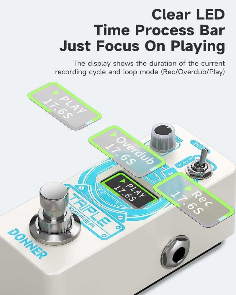 Donner Triple Looper Guitar Pedal, 90 mins Looping Time Loop Pedal with Screen, 3 Loops Looper Pedal with Unlimited Overdubs Undo/Redo - Image 3