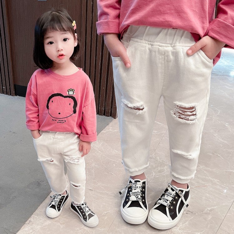2021 New Children'S Korean Children'S Wear Boys' And Girls' Trendy Ankle-Length Pants White Ripped Jeans - Image 2