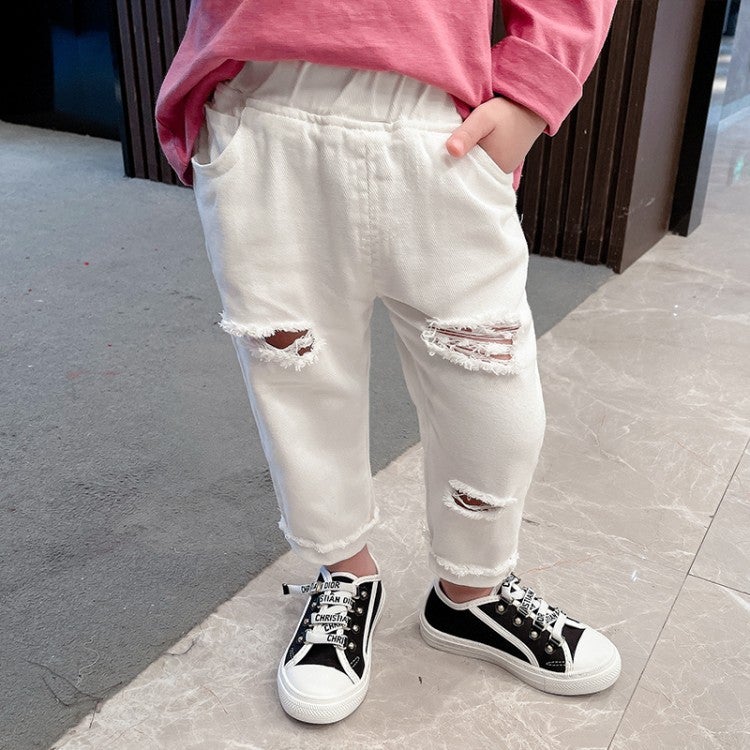 2021 New Children'S Korean Children'S Wear Boys' And Girls' Trendy Ankle-Length Pants White Ripped Jeans - Image 3