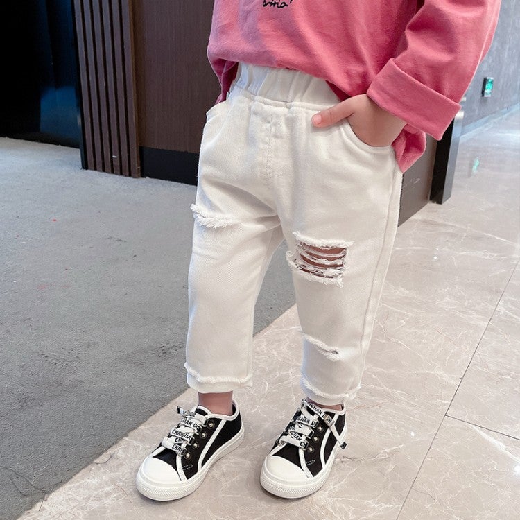 2021 New Children'S Korean Children'S Wear Boys' And Girls' Trendy Ankle-Length Pants White Ripped Jeans - Image 5