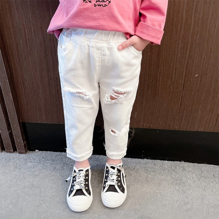 2021 New Children'S Korean Children'S Wear Boys' And Girls' Trendy Ankle-Length Pants White Ripped Jeans - Image 1