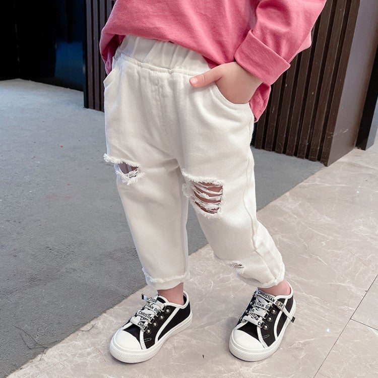 2021 New Children'S Korean Children'S Wear Boys' And Girls' Trendy Ankle-Length Pants White Ripped Jeans - Image 4