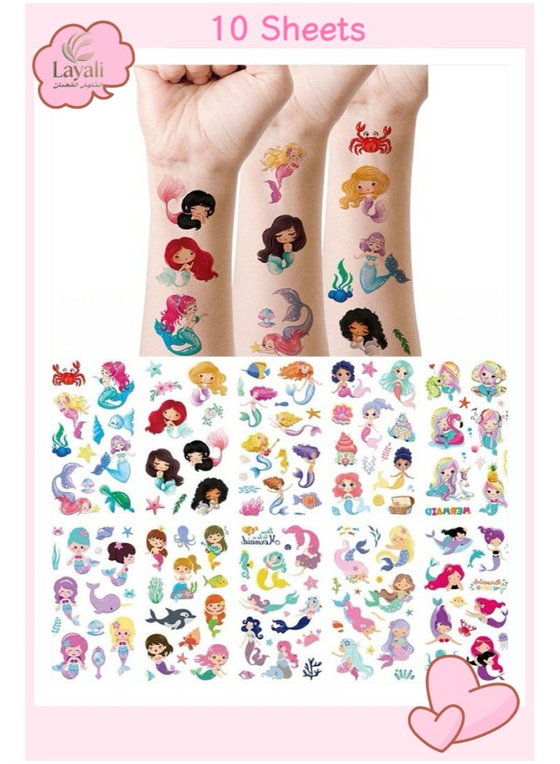 Layali 10 Sheets Cartoon Mermaid Temporary Tattoo Stickers, Waterproof Perfect for Parties, Festivals, Gifts - Suitable for Kids & Adults - Image 1