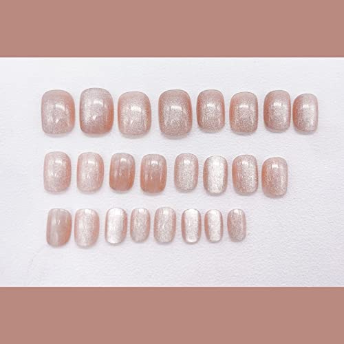 MERVF Square Press on Nails Short Fake Nails Cat Eye Glue ons Squoval with Glitter Design 24pcs Glossy Luxury Acrylic False Nail - Image 5