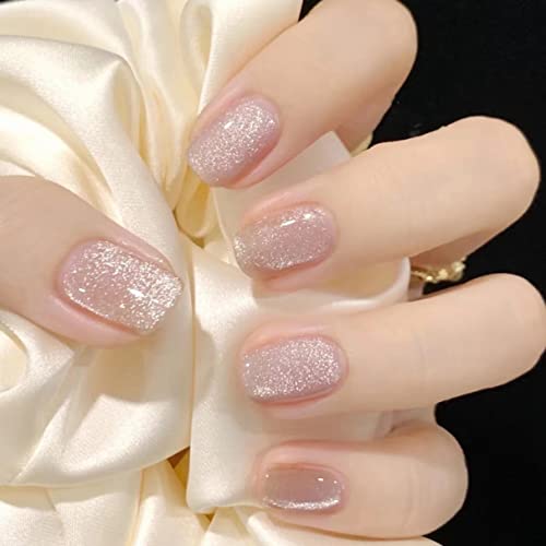 MERVF Square Press on Nails Short Fake Nails Cat Eye Glue ons Squoval with Glitter Design 24pcs Glossy Luxury Acrylic False Nail - Image 2