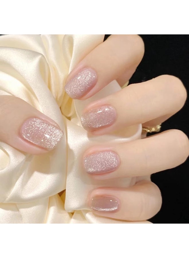 MERVF Square Press on Nails Short Fake Nails Cat Eye Glue ons Squoval with Glitter Design 24pcs Glossy Luxury Acrylic False Nail - Image 3