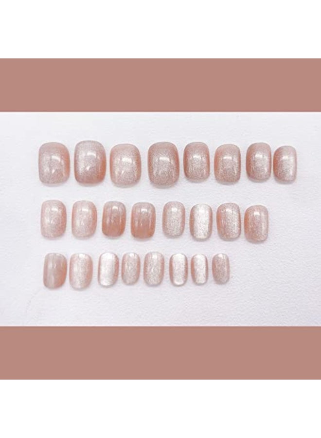 MERVF Square Press on Nails Short Fake Nails Cat Eye Glue ons Squoval with Glitter Design 24pcs Glossy Luxury Acrylic False Nail - Image 4