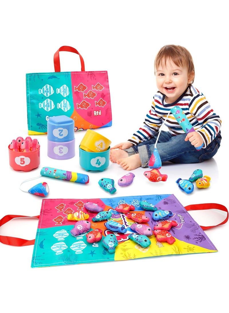 Fishing Children's Toy, 22 Piece Fabric Fishing Game Set Learning Toy, Suitable for Children Aged 1-3, With Stacking Cups, Number Counting, Color Sorting, Shape Learning, Game Pad, Suitable for Boys - Image 1