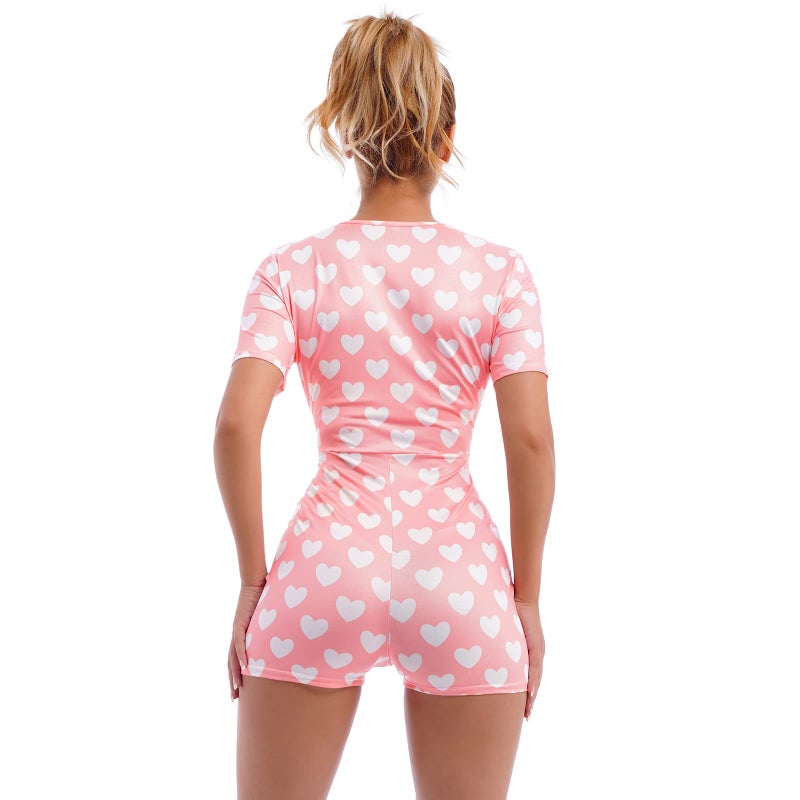 ABAFIP Women's Button V Neck Short Sleeve One Piece Shorts Romper Pajama Bodysuit Cute Print Bodycon Overall Jumpsuit Pjs Pink X-Large - Image 4