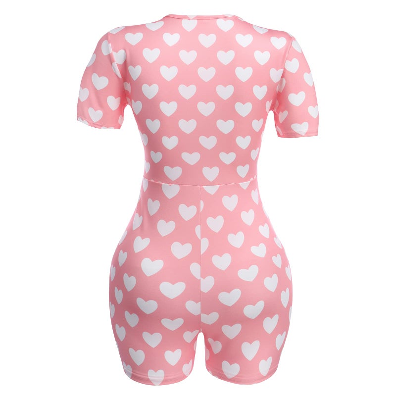 ABAFIP Women's Button V Neck Short Sleeve One Piece Shorts Romper Pajama Bodysuit Cute Print Bodycon Overall Jumpsuit Pjs Pink X-Large - Image 3