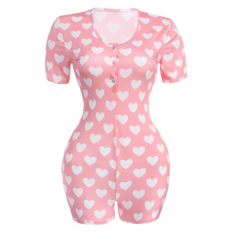 ABAFIP Women's Button V Neck Short Sleeve One Piece Shorts Romper Pajama Bodysuit Cute Print Bodycon Overall Jumpsuit Pjs Pink X-Large - Image 1
