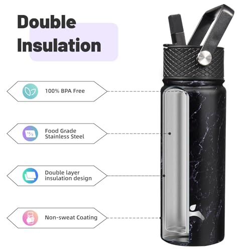 Konokyo 18 oz Insulated Water Bottle Stainless Steel Sport Bottles with 3 Lids,Marble Midnight - Image 4