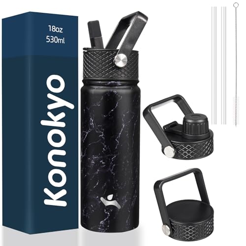 Konokyo 18 oz Insulated Water Bottle Stainless Steel Sport Bottles with 3 Lids,Marble Midnight - Image 1