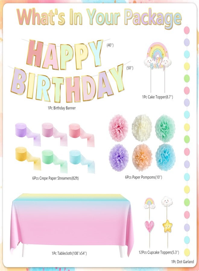 THAWAY Pastel Rainbow Birthday Decorations 182Pcs Rainbow Party Supplies, Include Pastel Balloon Arch Kit with Rainbow Foil Balloons Streamer Backdrop Tablecloth Banner Garland Cake Toppers Paper Pompoms - Image 2