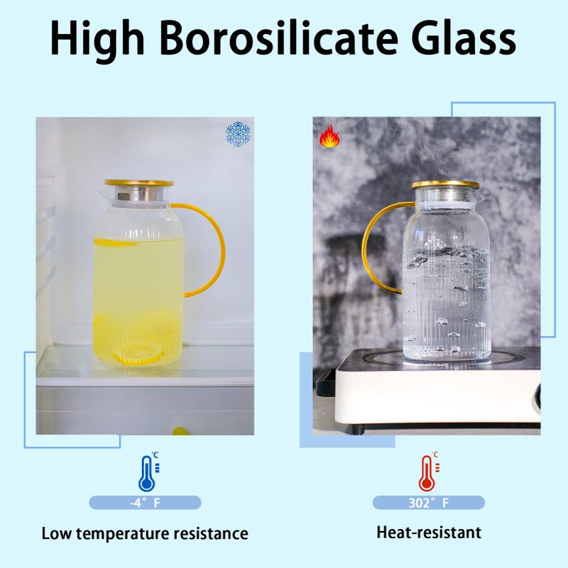 Wlasss 2 PACK Glass Pitcher with Lid and Handle,68 oz/ 2 Liter Vertical Stripes Water Pitcher,Glass Water Carafe for Fridge,Hand Blown Heat Resistant Borosilicate Water Jug for Hot/Cold Drinks - Image 3