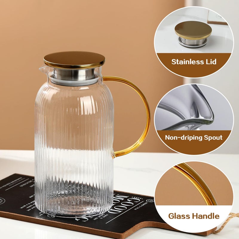 Wlasss 2 PACK Glass Pitcher with Lid and Handle,68 oz/ 2 Liter Vertical Stripes Water Pitcher,Glass Water Carafe for Fridge,Hand Blown Heat Resistant Borosilicate Water Jug for Hot/Cold Drinks - Image 5