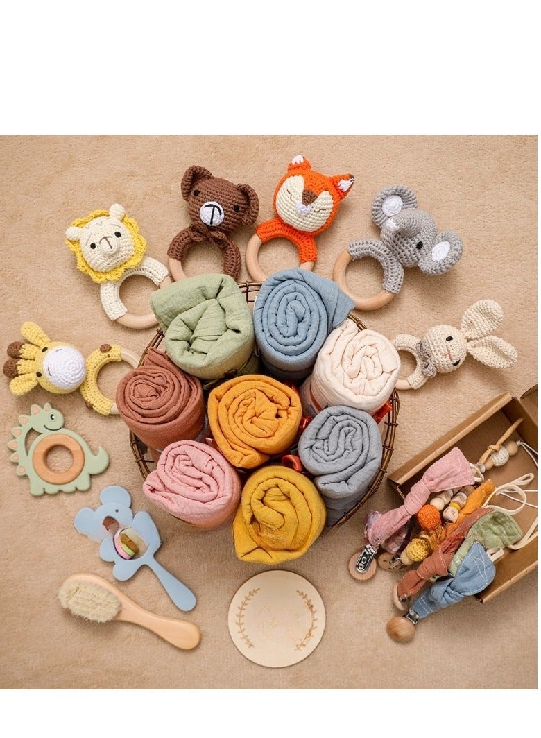 Baby Cloth Nipple Chain Set - Newborn Birth Gift Box - Bath Set - Chew Animal Bell Toy - Image 4
