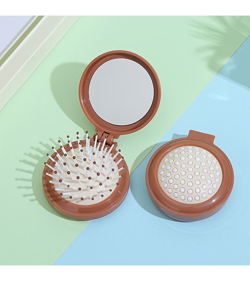 1pc Random Color Cute Portable Flip Folding Airbag Comb Solid Color Makeup Mirror Massage Mini Air Cushion Comb - Image 3