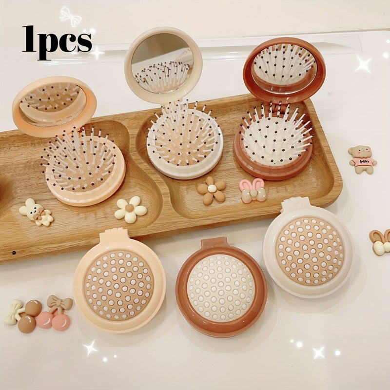 1pc Random Color Cute Portable Flip Folding Airbag Comb Solid Color Makeup Mirror Massage Mini Air Cushion Comb - Image 1