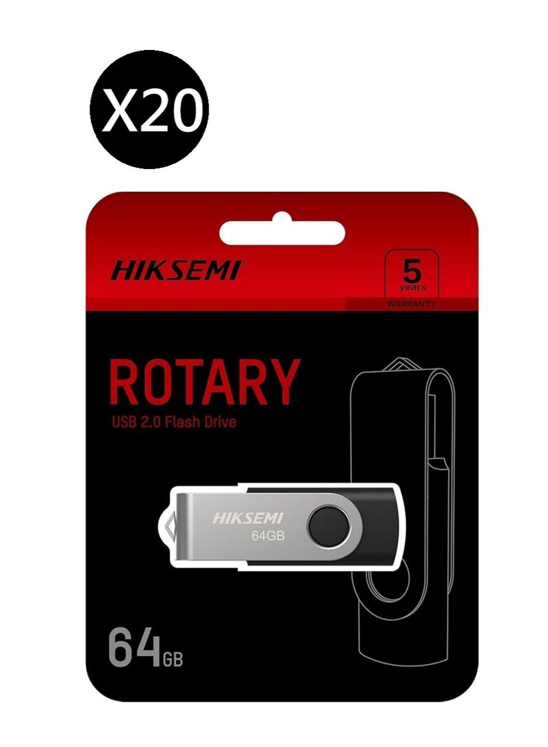 HIKSEMI Bundle Of 20 64GB USB 2.0 Spinning Pen Drive, Silver/Black | HS-USB-M200S 64G |