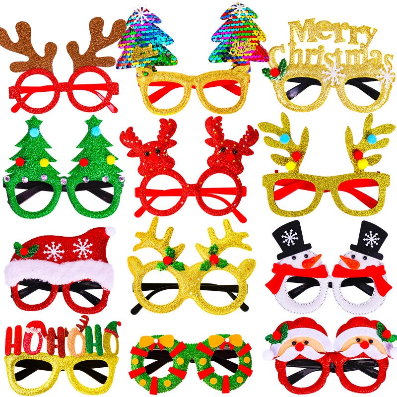Max Fun 12Pcs Christmas Glasses Glitter Holiday Party Glasses Frames Christmas Decoration Accessories Costume Eyeglasses for Christmas Parties Holiday Favors One Size Fits All