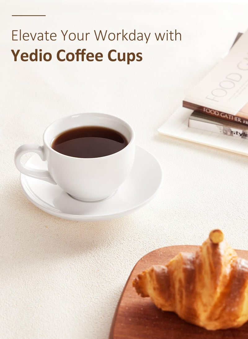 Yedio Porcelain Coffee Cups Set with Saucer, 6 Ounce White Porcelain Cup and Saucer Set for Cappuccino, Coffee Latte, Coffee drinks and Tea, Set of 6 - Image 3