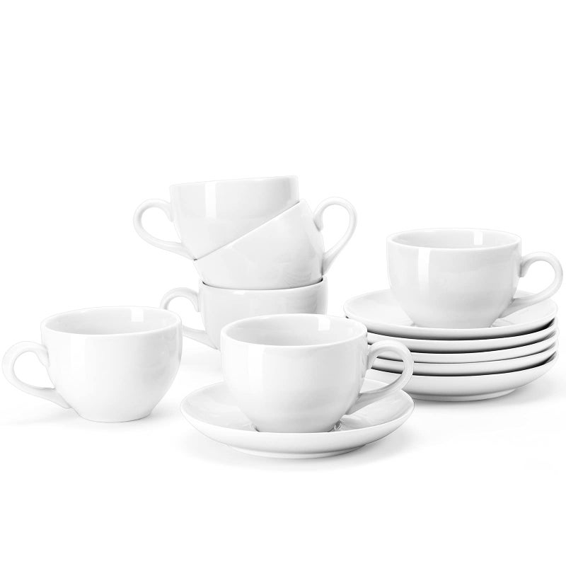 Yedio Porcelain Coffee Cups Set with Saucer, 6 Ounce White Porcelain Cup and Saucer Set for Cappuccino, Coffee Latte, Coffee drinks and Tea, Set of 6 - Image 1