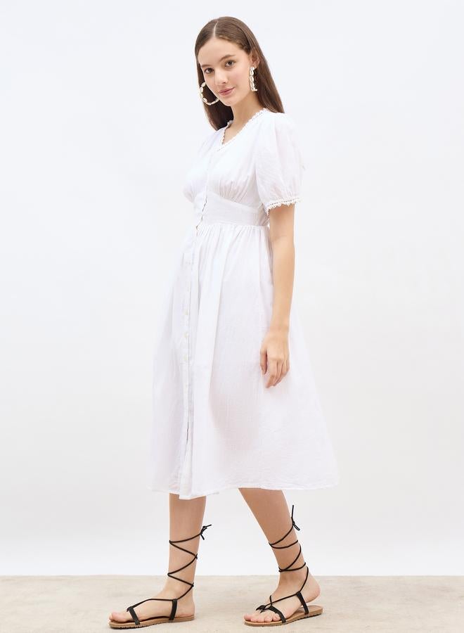 Styli Solid Lace Trim Puff Sleeve Midi Dress - Image 3