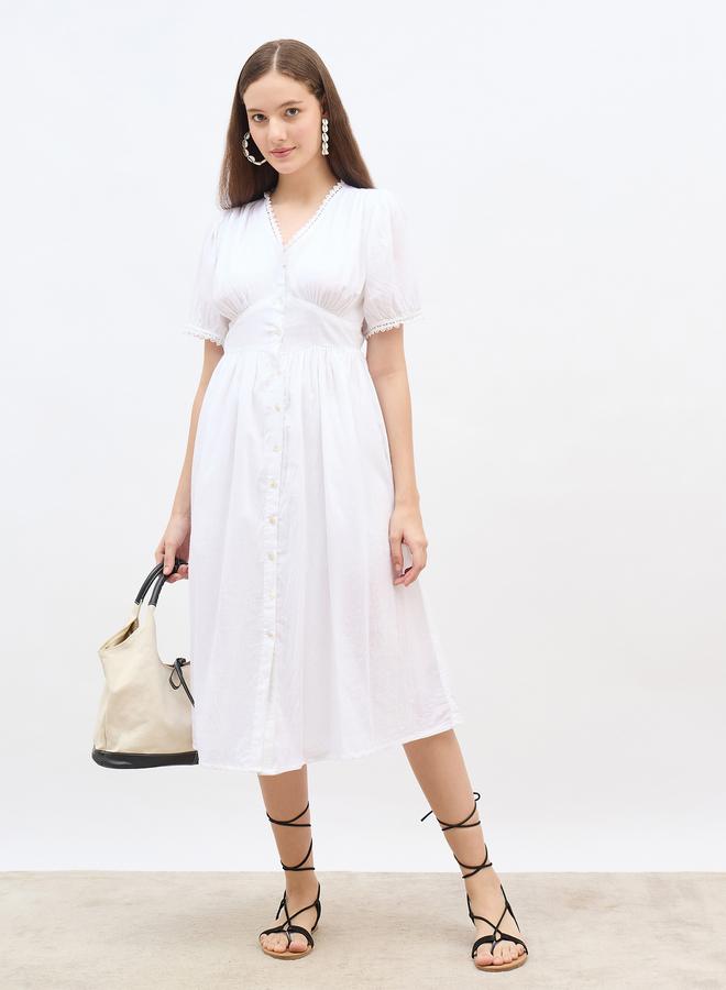 Styli Solid Lace Trim Puff Sleeve Midi Dress - Image 1