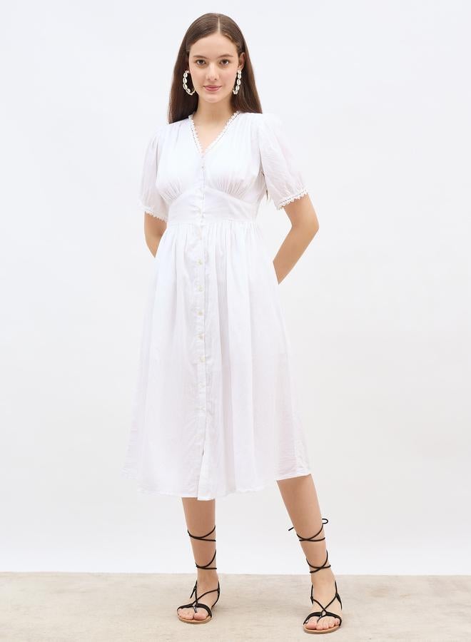 Styli Solid Lace Trim Puff Sleeve Midi Dress - Image 2