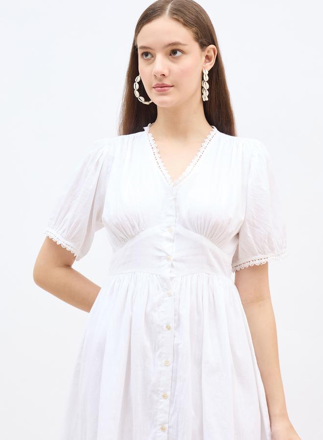 Styli Solid Lace Trim Puff Sleeve Midi Dress - Image 4