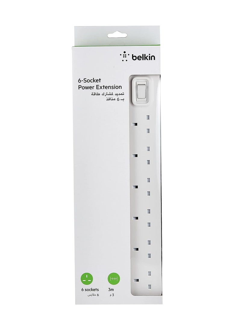 belkin Belkin 6 Way/6 Plug 3m Power Extension Strip with On/Off Switch for Televisions, Gaming Consoles, Home, Office and More - White  - Image 5