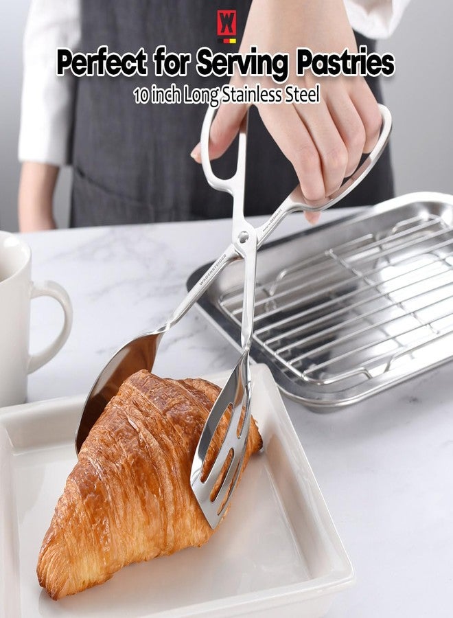 ملقط سلطة من الفولاذ المقاوم للصدأ من Wagensteiger بطول 9.65 بوصة، تصميم مريح على شكل مقص، رأس ملعقة مزدوج الوظائف، مزيج من الملعقة المشقوقة والصلبة، جودة تجارية، ملقط معكرونة للشواء (فضي) - Image 4
