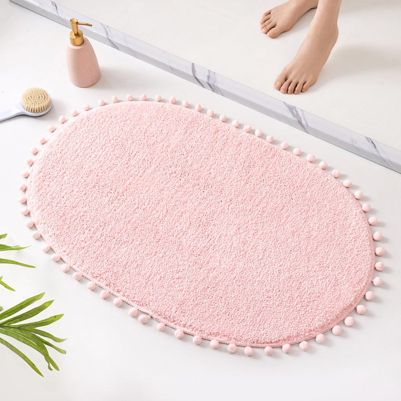 YIRDDEO Bath Mat Blush Pink Rug with Pom Oval Bathroom Rugs for Bedroom Non Slip Cute Boho Absorbent Mats Soft Plush Washable Rug (20x30 inches) - Image 1
