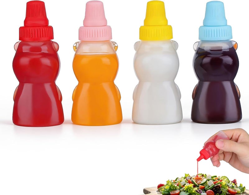 8pcs Mini Bear-shaped Condiment Containers with Red, Yellow, Blue, and Pink Lids – Portable Tiny Sauce Bottles for Ketchup, Salad Dressing, and Soy Sauce – Leakproof Plastic - Image 1