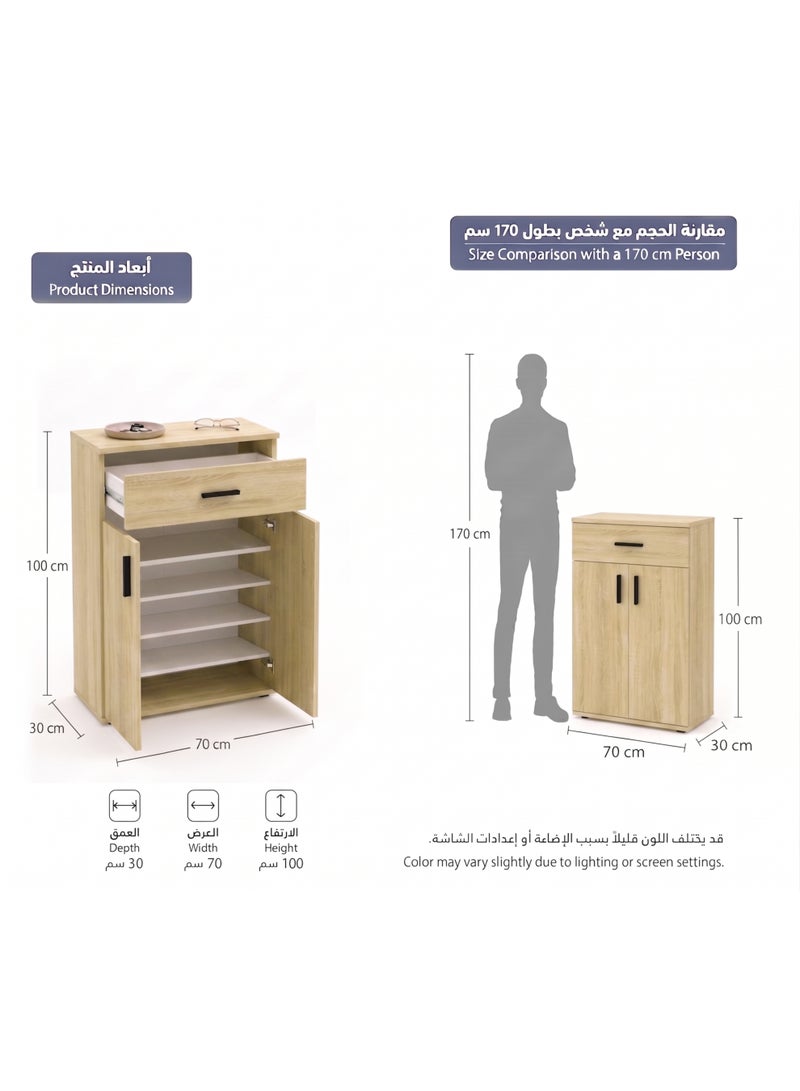 Furniture Store Modern shoe rack/shoe cabinet with a wide drawer and 5 shelves, MDF, in light wood color with white, high-quality finish, from Furniture Store. - Image 3
