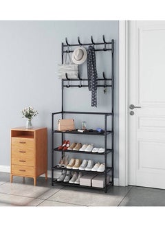 Americana Famous Stand Metal Multi-Use 5-Tier Shoe Rack and Coat Hanger for Entryway 5-Tier Shoe Rack Space Saving with Place to Hang and Store Your Items, Practical and Multi-Purpose Hangers for Storage, black