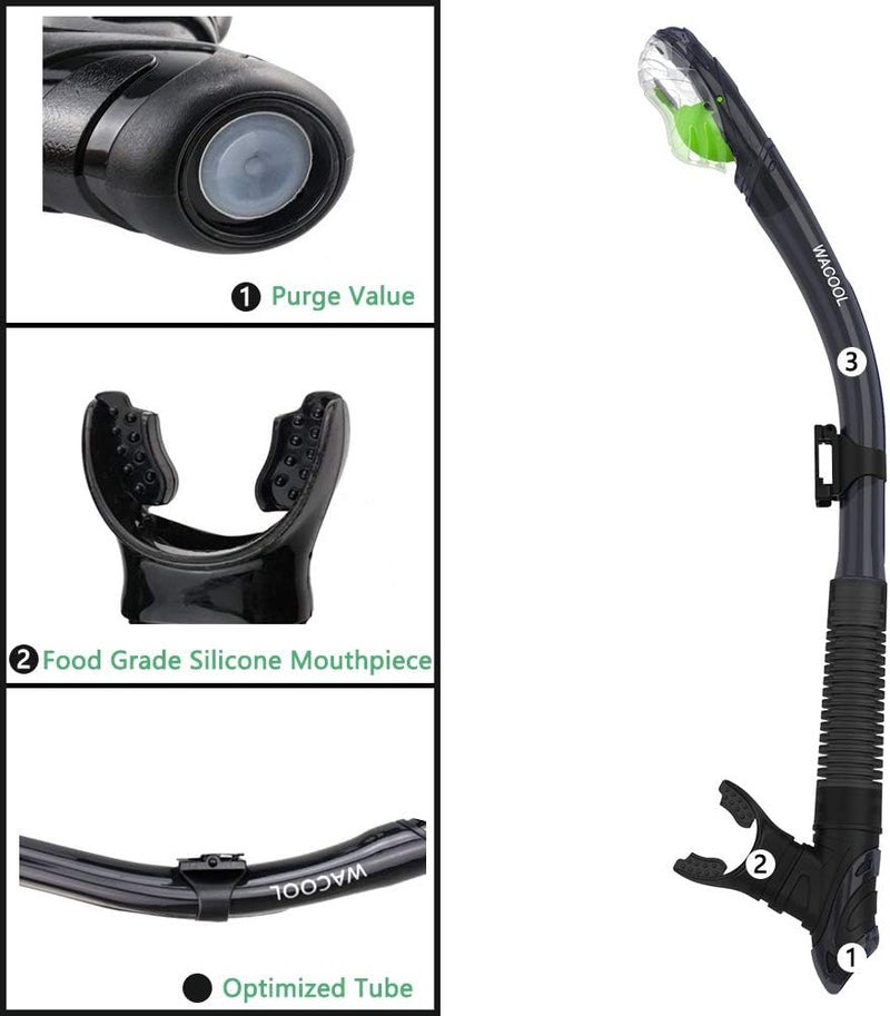 WACOOL Dry Top Snorkel Tube Comfortable Mouthpiece One-Way Purge Valve for Pool Open Water Scuba Lap Swimming Swimmer Training Diving Snorkeling - Image 3