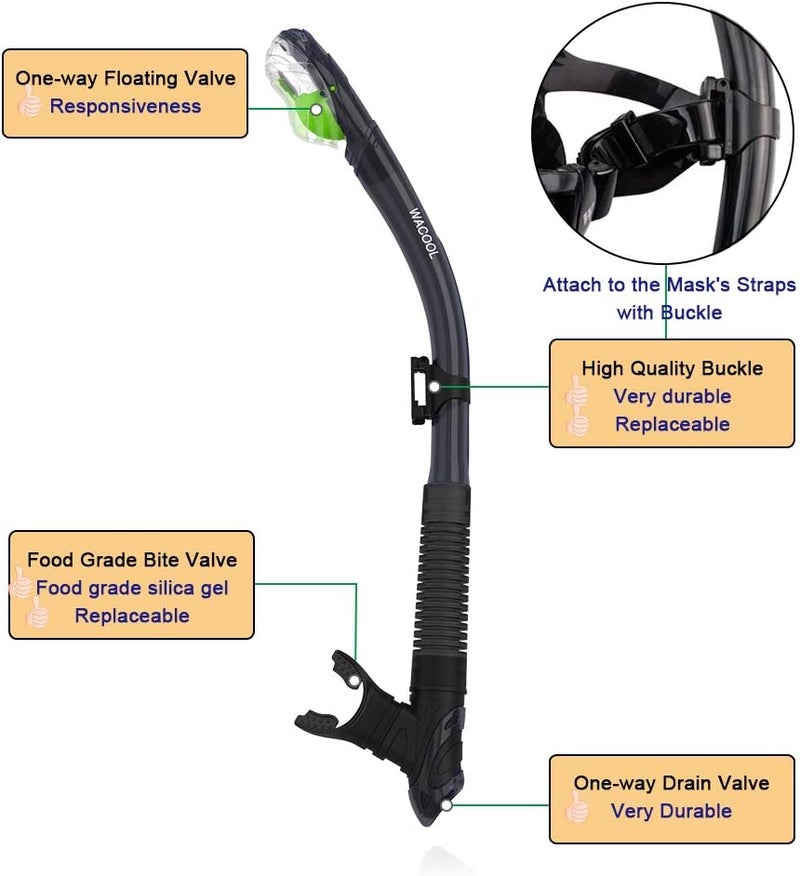 WACOOL Dry Top Snorkel Tube Comfortable Mouthpiece One-Way Purge Valve for Pool Open Water Scuba Lap Swimming Swimmer Training Diving Snorkeling - Image 1