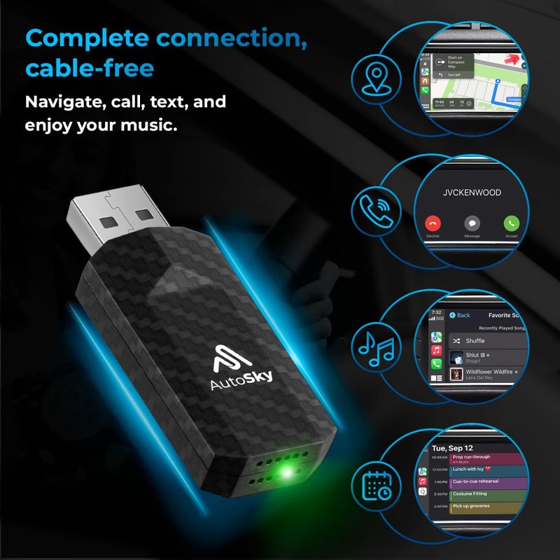 AutoSky Wireless CarPlay Adapter 2023 Pro Slim Edition - Smallest and Fastest Wireless CarPlay Adapter - AutoSky - Factory Wired CarPlay Cars – USB-A and USB-C Cables – Wired CarPlay Required - Image 3