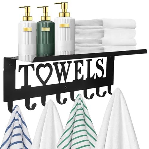 IBosins Towel Rack with Shelf 8 Hooks Bathroom Towel Holder Metal Shelf Organizer Wall Mounted Storage for Towels Robes Clothes in Bathroom Hot Tub Kitchen BedroomHome - Image 1