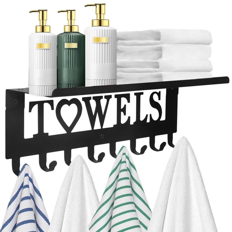 IBosins Towel Rack with Shelf 8 Hooks Bathroom Towel Holder Metal Shelf Organizer Wall Mounted Storage for Towels Robes Clothes in Bathroom Hot Tub Kitchen BedroomHome - Image 2