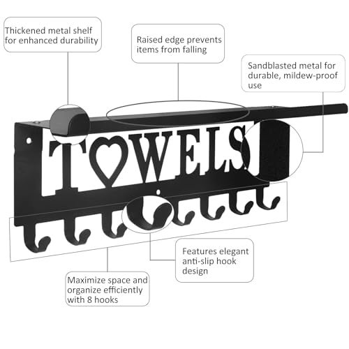 IBosins Towel Rack with Shelf 8 Hooks Bathroom Towel Holder Metal Shelf Organizer Wall Mounted Storage for Towels Robes Clothes in Bathroom Hot Tub Kitchen BedroomHome - Image 3